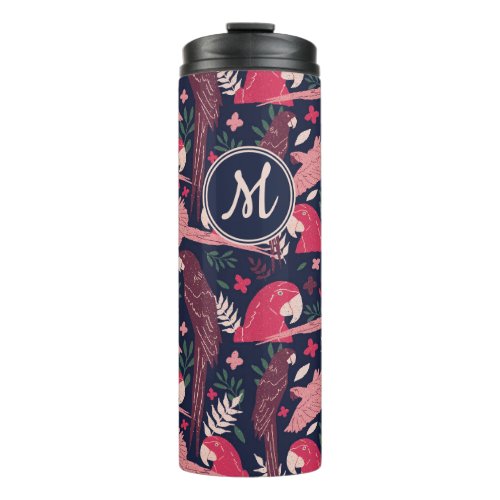 Ara Parrot Red Tropical Leave Pattern Monogram Thermal Tumbler - Ara Parrot Red Tropical Leave Pattern Monogram Thermal Tumbler. Ara pattern on dark blue background with tropical leaves in green, red and beige colors. Hand-drawn illustration. Add your monogram.