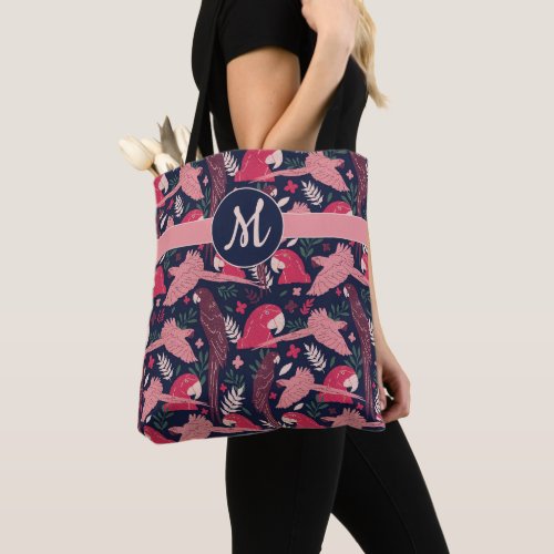 Ara Parrot Red Tropical Leave Pattern Monogram Tote Bag - Ara Parrot Red Tropical Leave Pattern Monogram Tote Bag. Ara pattern on dark blue background with tropical leaves in green, red and beige colors. Add your monogram.