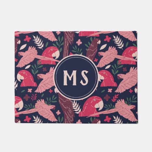 Ara Parrot Red Tropical Pattern Monogram Doormat - Ara Parrot Red Tropical Pattern Monogram Doormat. Ara pattern on dark blue background with tropical leaves in green, red and beige colors. Great for parrot lovers and parrot owners. Add your monogram. Is also available without a monogram - check the collection below.