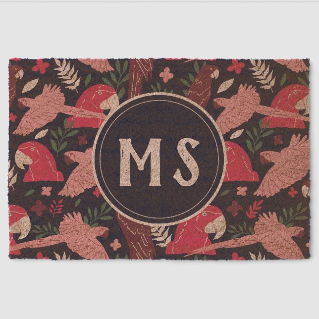 Ara Parrot Red Tropical Pattern Monogram Fiber Doormat (Front)