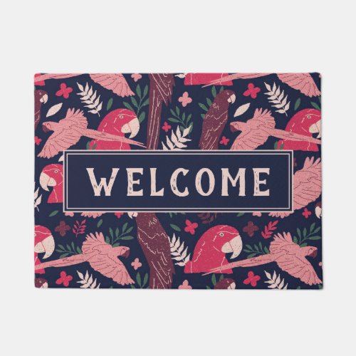 Ara Parrot Red Tropical Pattern Welcome Doormat - Ara Parrot Red Tropical Pattern Welcome Doormat. Ara pattern on dark blue background with tropical leaves in green, red and beige colors. Great for parrot lovers and parrot owners. You can add your text. Is also available without the text - check the collection below.