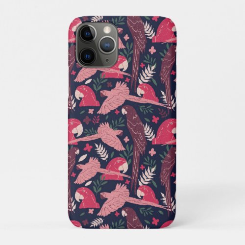 Ara Parrot Tropical Leaf Pattern Drawing iPhone 11 Pro Case - Ara Parrot Tropical Leaf Pattern Drawing iPhone Case. Ara pattern on dark blue background with tropical leaves in green, red and beige colors. Great for parrot lovers and parrot owners.