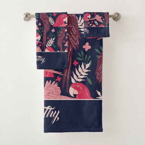 Ara Parrot Tropical Pattern Drawing Monogram Name Bath Towel Set - Ara Parrot Tropical Pattern Drawing Monogram Name Bath Towel Set. Ara pattern on dark blue background with tropical leaves in green, red and beige colors with a name in pink script. Great for parrot lovers and parrot owners. Add your name or monogram The towels are also available with the pattern only - open the collection below.