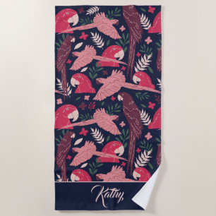 Ara Parrot Tropical Pattern Drawing Monogram Name Beach Towel