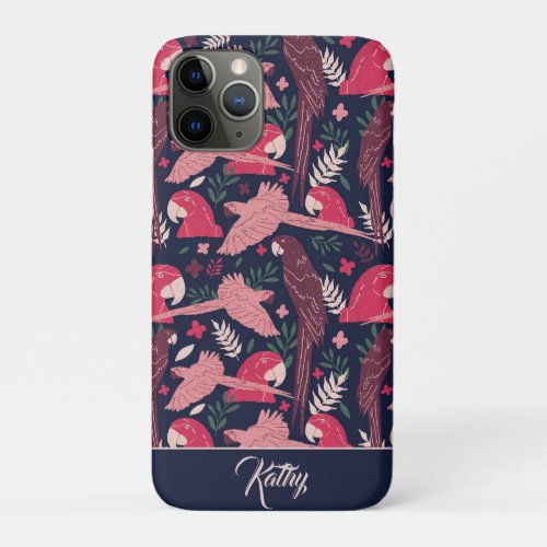 Ara Parrot Tropical Pattern Drawing Monogram Name iPhone 11 Pro Case - Ara Parrot Tropical Pattern Drawing Monogram Name iPhone Case. Ara pattern on dark blue background with tropical leaves in green, red and beige colors with a name in pink script. Great for parrot lovers and parrot owners. Add your name or monogram. The case are also available with the pattern only - open the collection below.