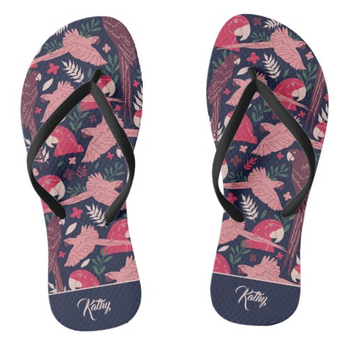 Ara Parrot Tropical Pattern Drawing Monogram Name Flip Flops - Ara Parrot Tropical Pattern Drawing Monogram Name Flip Flops. Ara pattern on dark blue background with tropical leaves in green, red and beige colors with a name in pink script. Great for parrot lovers and parrot owners. Add your name or monogram.