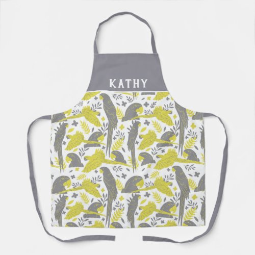 Ara Parrot Yellow Gray Tropical Leaf Pattern Apron - Ara Parrot Yellow Gray Tropical Leaf Pattern Apron. Illuminating yellow and ultimate gray ara pattern with tropical leaves. Add your name or erase it.