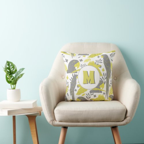 Ara Parrot Yellow Gray Tropical Pattern Monogram Throw Pillow