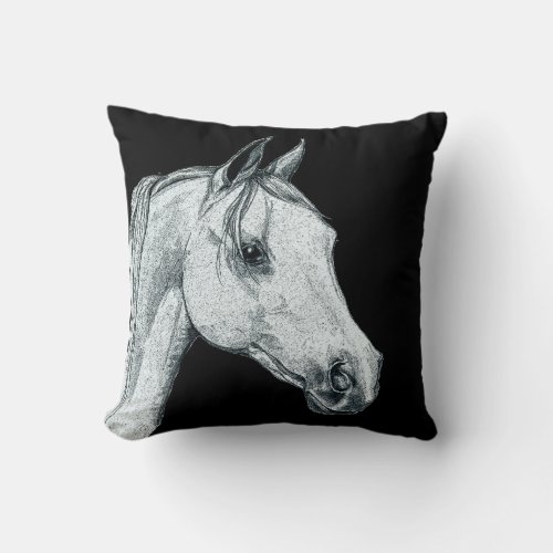 Arab Horse Portrait on Black Throw Pillow