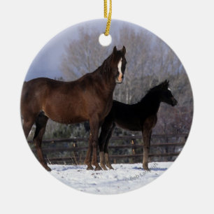 Arab Mare & Foal in Snow Ceramic Ornament