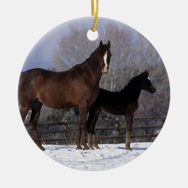 Arab Mare & Foal in Snow Ceramic Ornament (Front)