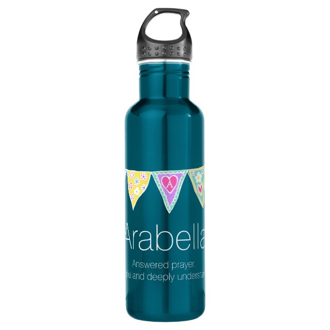 Arabella name meaning flag bunting stainless steel water bottle (Front)