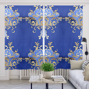 Arabesque Champagne Gold Filigree Royal Blue  Blackout Curtains