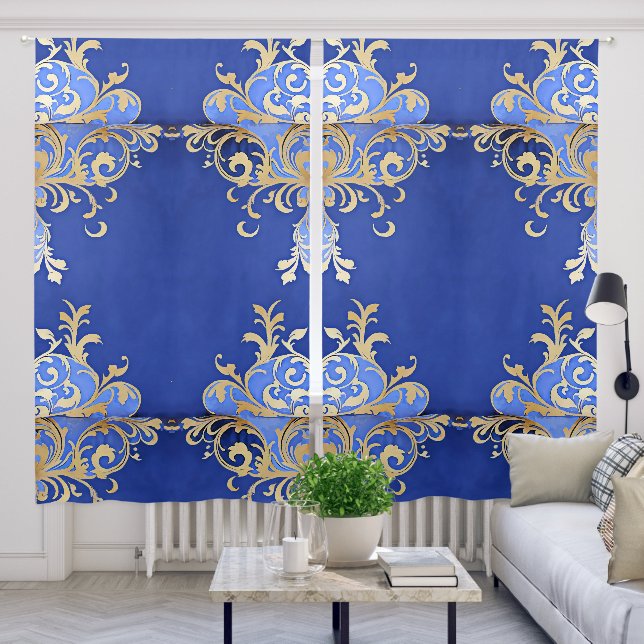 Arabesque Champagne Gold Filigree Royal Blue  Blackout Curtains (Living Room)