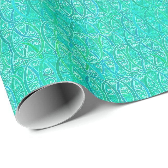 Arabesque damask - aqua and turquoise wrapping paper (Roll Corner)