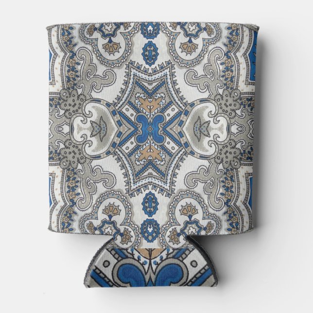 Arabesque Elegance: White-Blue Islamic Pattern. Can Cooler (Front)
