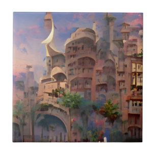 Arabesque fantasy dwellings palm trees digital art ceramic tile