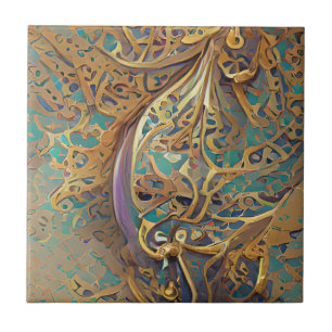 Arabesque gold turquoise geometric digital art ceramic tile