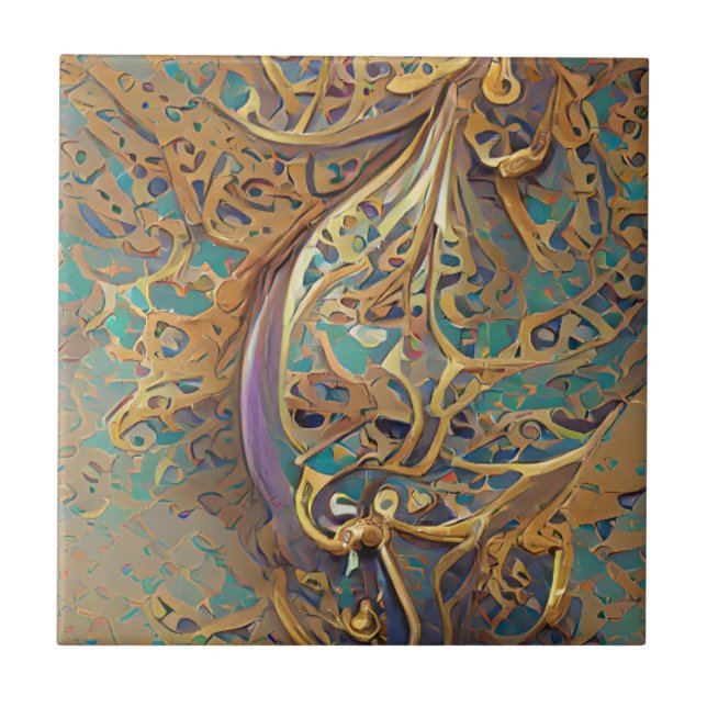 Arabesque gold turquoise geometric digital art ceramic tile (Front)