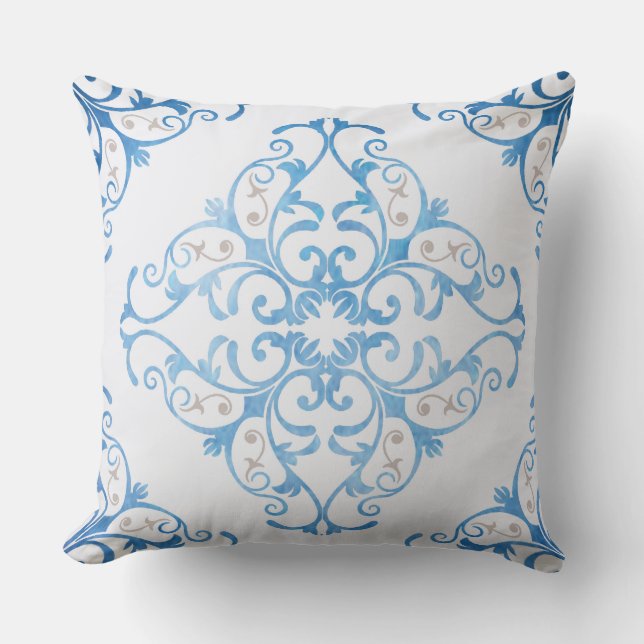 Arabesque in watercolor blue throw pillow (Front)