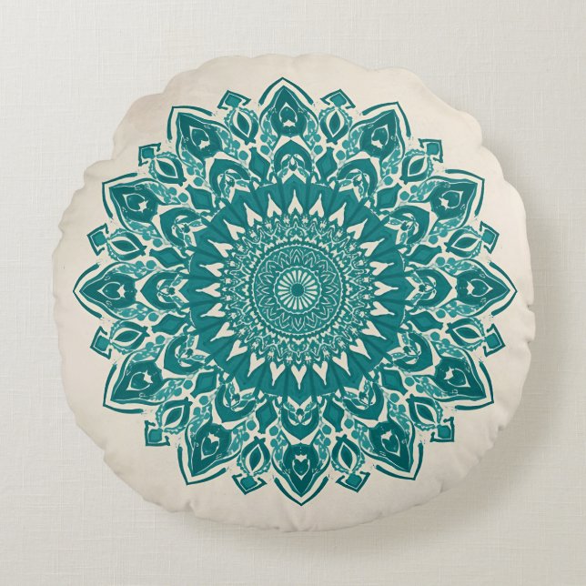 Arabesque Mandala Pillow – Teal Geometric Accent C (Front)