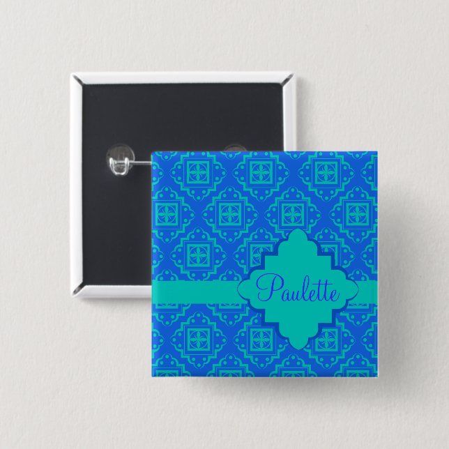 Arabesque Moroccan Blue Turquoise Name Badge Button (Front & Back)