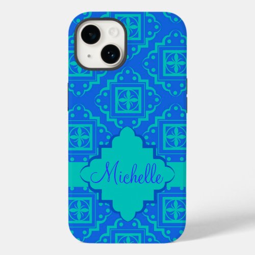 Arabesque Moroccan Turquoise Blue Name Monogram Case_Mate iPhone 14 Case