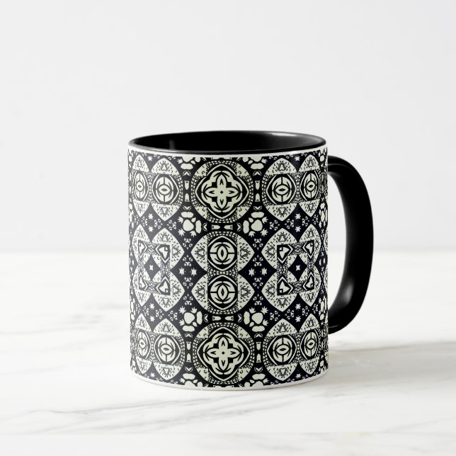 Arabesque Mosaic Tile Pattern Black and White Mug (Front Right)