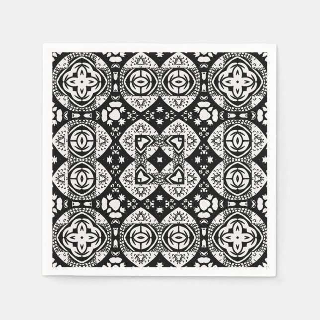 Arabesque Mosaic Tile Pattern Black and White Napkins (Front)