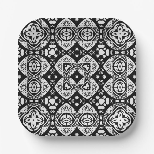 Arabesque Mosaic Tile Pattern Black and White Paper Plates (Front)