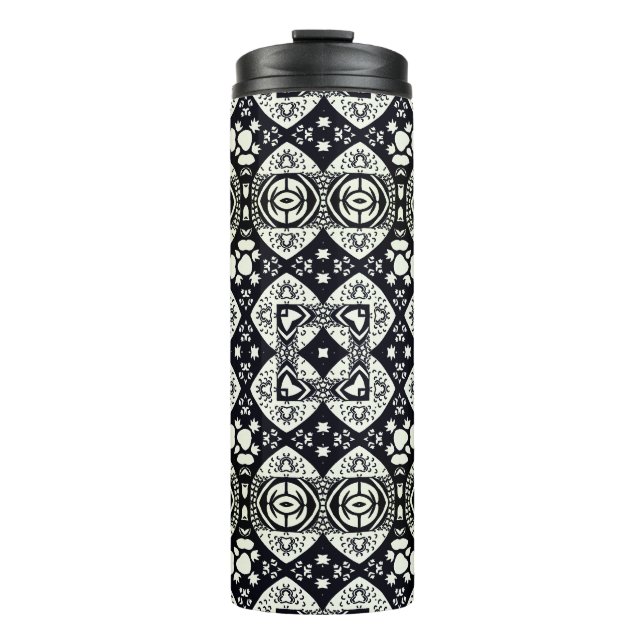 Arabesque Mosaic Tile Pattern Black and White Thermal Tumbler (Front)