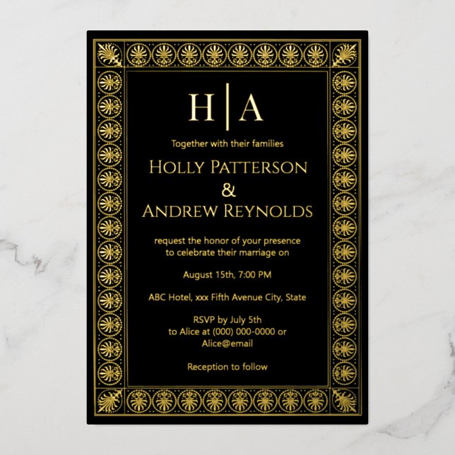 Arabesque Palm Frame #1 Wedding Couple Initials Foil Holiday Card (Front)