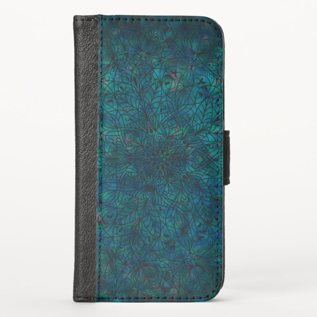 Arabesque Pattern Black X Turquoise iPhone Wallet Case (Front)