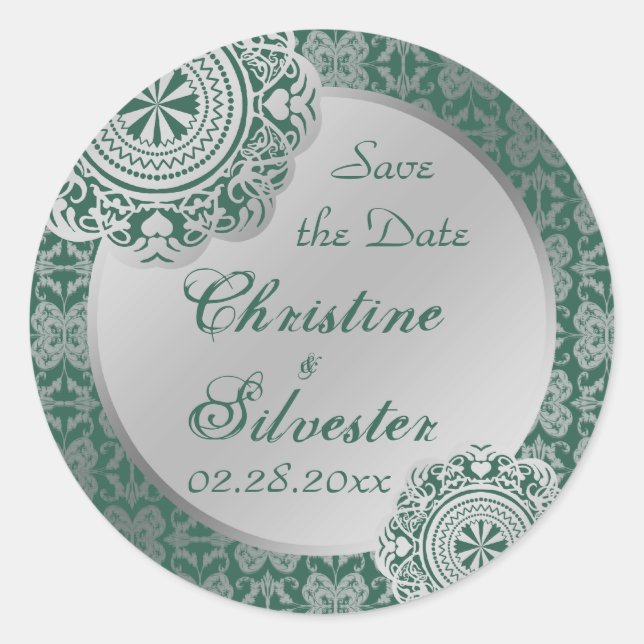 Arabesque Silver Lace, save the date stickers (Front)