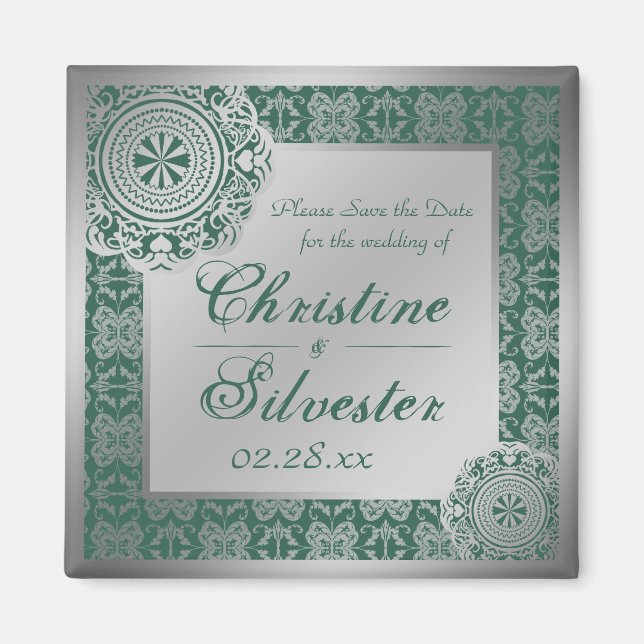 Arabesque Silver Lace, square save the date Magnet (Front)