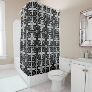 Arabesque Spring of Life Floral Cross Silver Black Shower Curtain