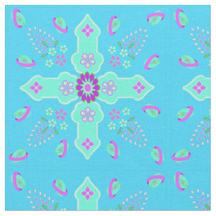 Arabesque Spring of Life Floral Cross Teal Lilac Fabric