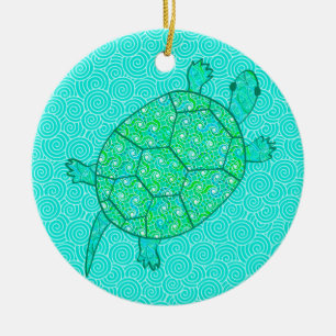 Arabesque swirl turtle - shades of seafoam green ceramic ornament
