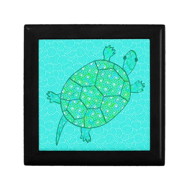 Arabesque swirl turtle - shades of seafoam green keepsake box (Front)