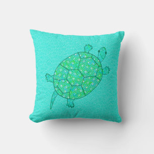 Arabesque swirl turtle - shades of seafoam green throw pillow