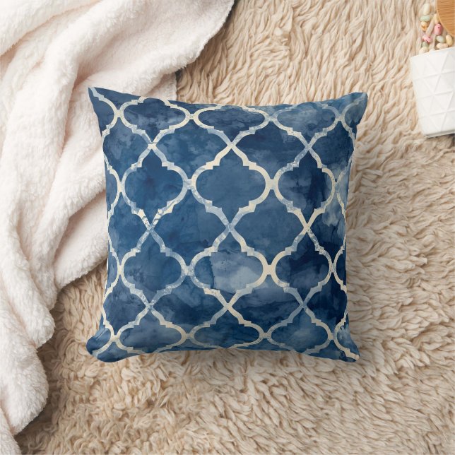 Arabesque Trellis Pillow – Blue Geometric Pattern  (Blanket)