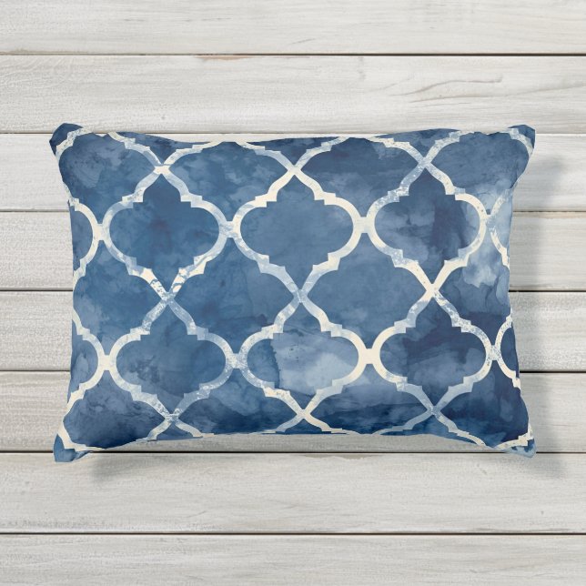 Arabesque Trellis Pillow – Blue Geometric Pattern  (Front)