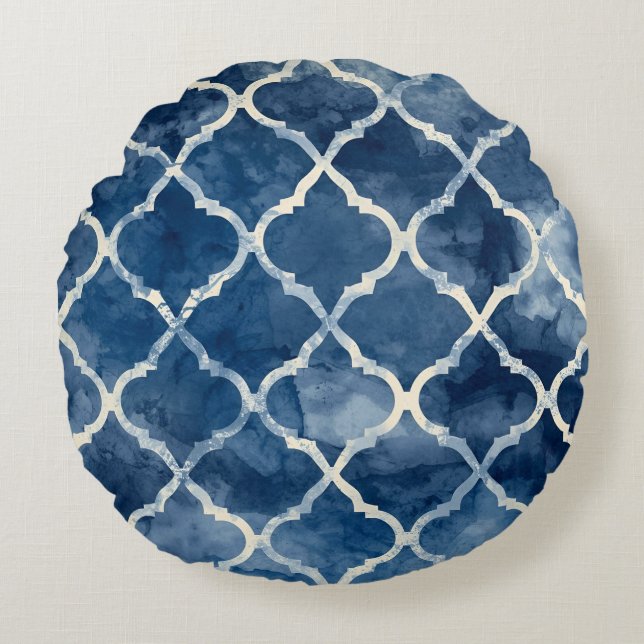 Arabesque Trellis Pillow – Blue Geometric Pattern  (Front)