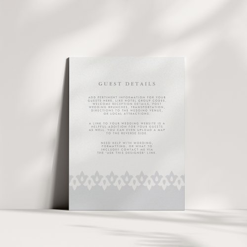 Arabesque Wedding Details Card  Silver Pearl
