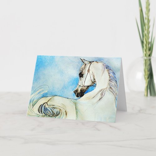 Arabian Horse Portrait In Blue Blank Greeting Card