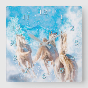 ARABIAN HORSES RUNNING WINTER TAILS SQUARE WALL CLOCK