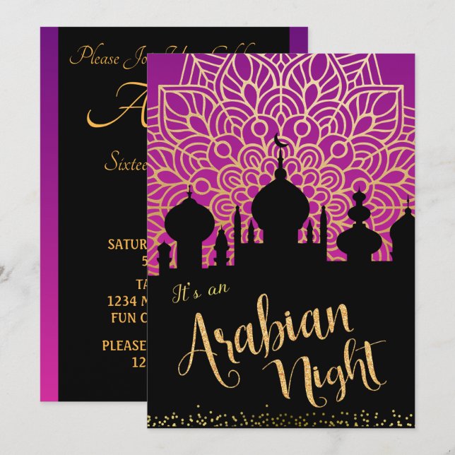 Arabian Night Purple and Black Party Invitation (Front/Back)