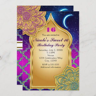 Arabian Nights Glam Gold Purple Birthday Party Invitation