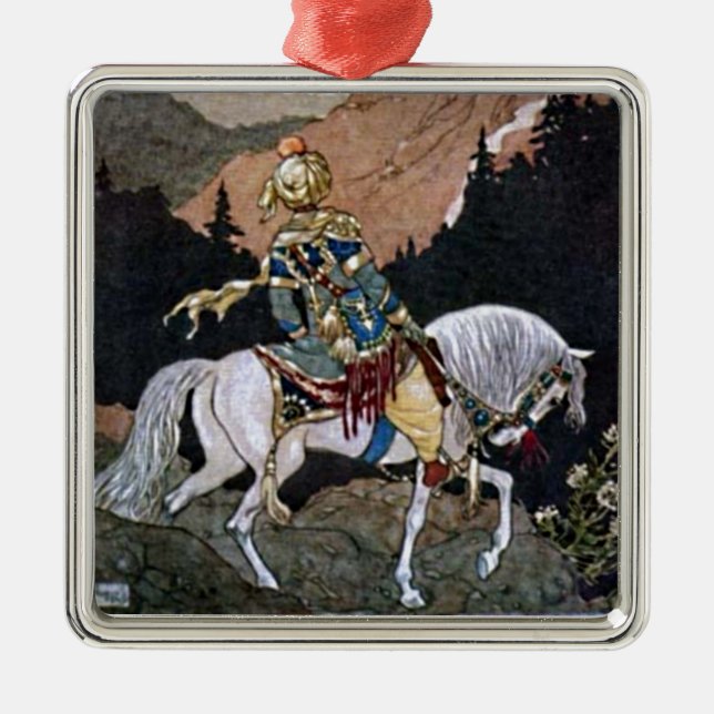 Arabian Nights Knight Prince on White Horse Metal Ornament (Front)
