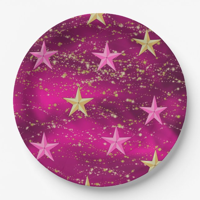 Arabian Nights Magenta & Gold Stars Paper Plates (Front)